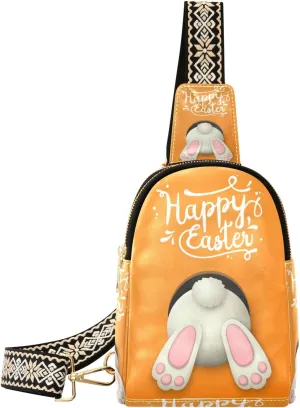 Small Sling Bag Waist Packs Leather Crossbody Packs Chest Bag Text Happy Easter and White Bunny for Women Travel Belt Purse