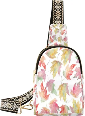 Small Sling Bag Waist Packs Leather Crossbody Packs Chest Bag Watercolor Maple Autumn Leaf for Women Travel Belt Purse