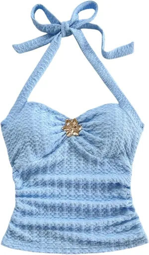 SOLY HUX Women's V Neck Halter Tops Open Back Y2k Ruched Floral Metal Summer Going Out Cami Tops