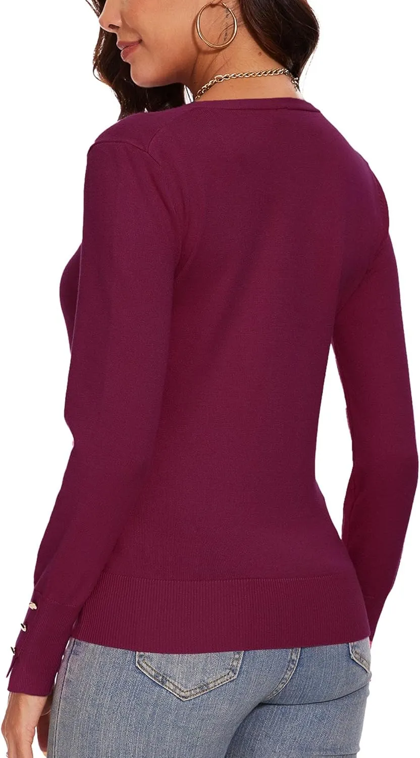 Spicy Sandia Women's V Neck Sweaters Long Sleeve Lightweight Pullover Knit Shirt Essential Top Dressy Casual