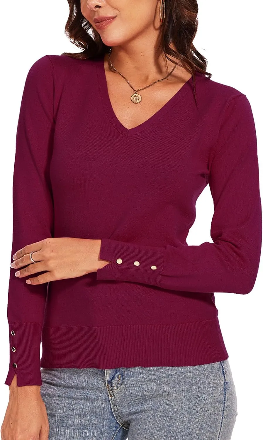 Spicy Sandia Women's V Neck Sweaters Long Sleeve Lightweight Pullover Knit Shirt Essential Top Dressy Casual