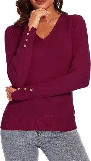 Spicy Sandia Women's V Neck Sweaters Long Sleeve Lightweight Pullover Knit Shirt Essential Top Dressy Casual