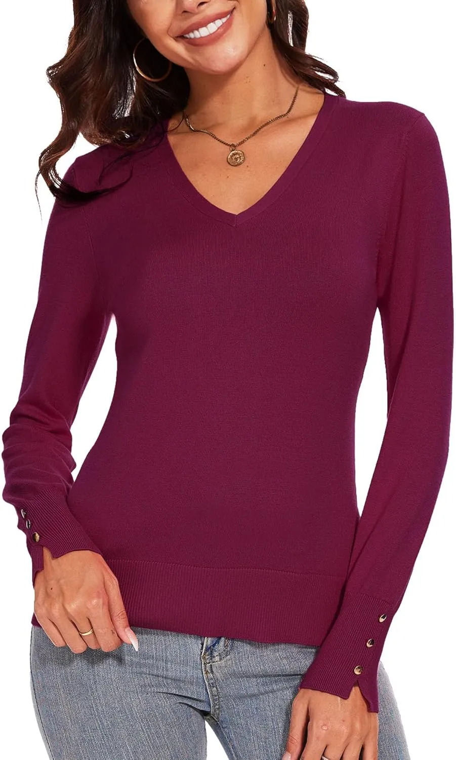 Spicy Sandia Women's V Neck Sweaters Long Sleeve Lightweight Pullover Knit Shirt Essential Top Dressy Casual