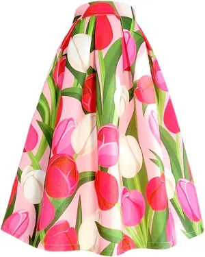 Spring Autumn Vintage Elegant Floral Print Aesthetic Y2k Purple Rose Pleated Long Midi Skirt