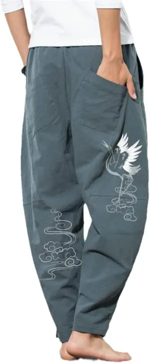 Spring Men Chinese Style Harem Pants Casual Loose Trousers Male Crane Print Jogger Black Plus Size s1 XS