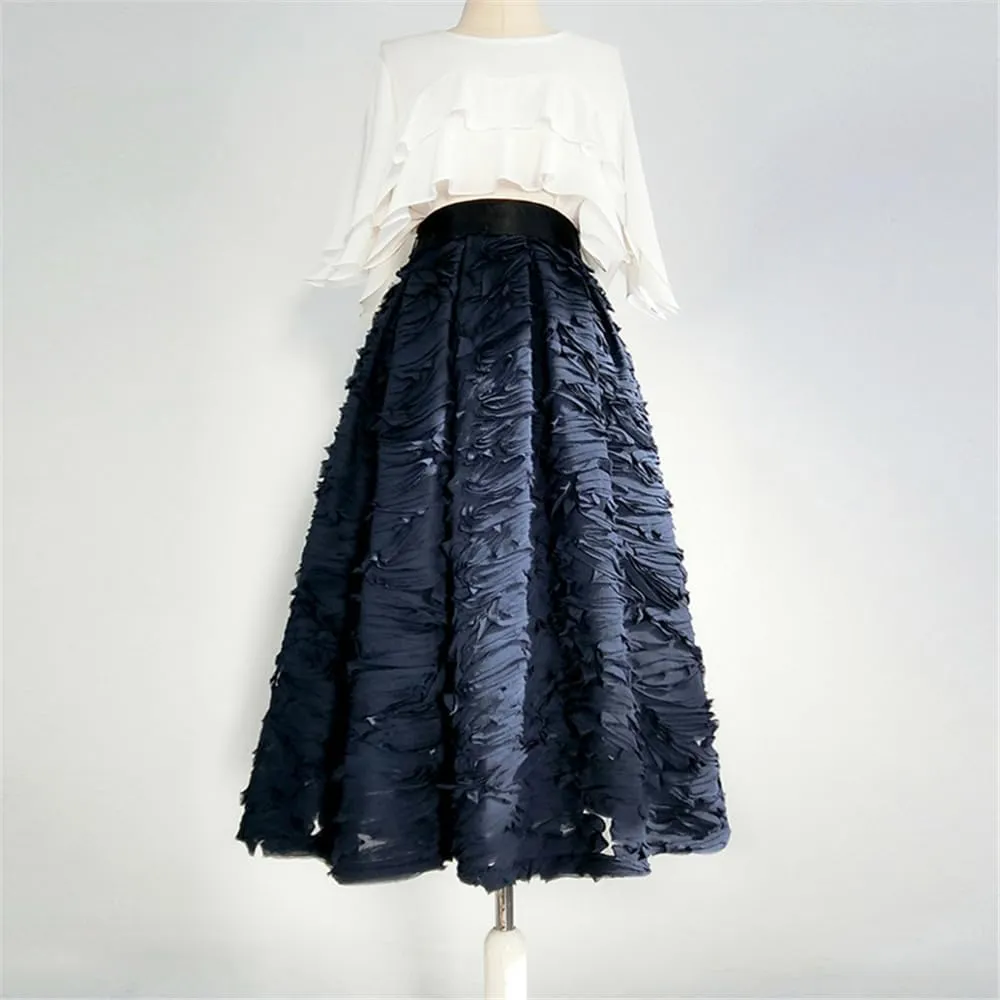 Spring Simple 3D Reddish Purple Color Mesh Lace Embroidery High Waist Pleated Midi Skirt Birthday Party