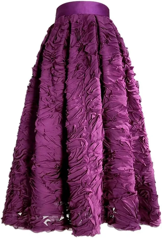 Spring Simple 3D Reddish Purple Color Mesh Lace Embroidery High Waist Pleated Midi Skirt Birthday Party