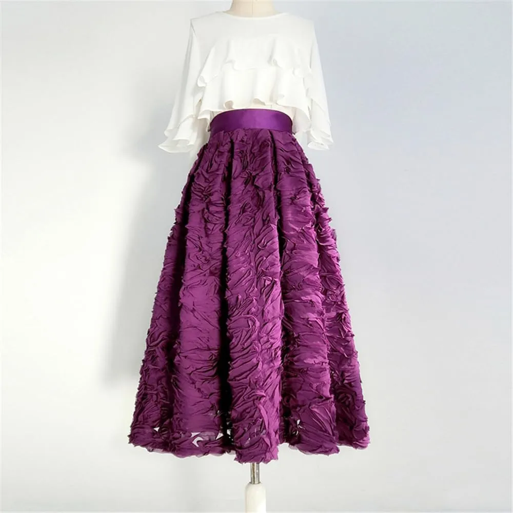Spring Simple 3D Reddish Purple Color Mesh Lace Embroidery High Waist Pleated Midi Skirt Birthday Party