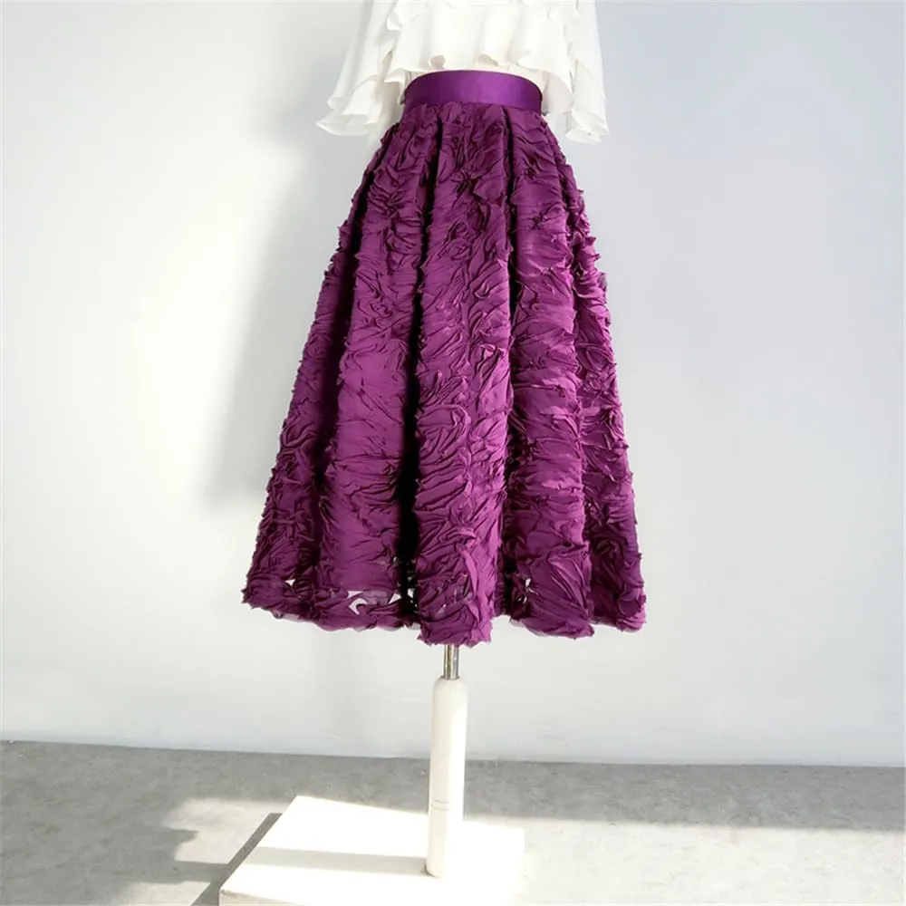 Spring Simple 3D Reddish Purple Color Mesh Lace Embroidery High Waist Pleated Midi Skirt Birthday Party
