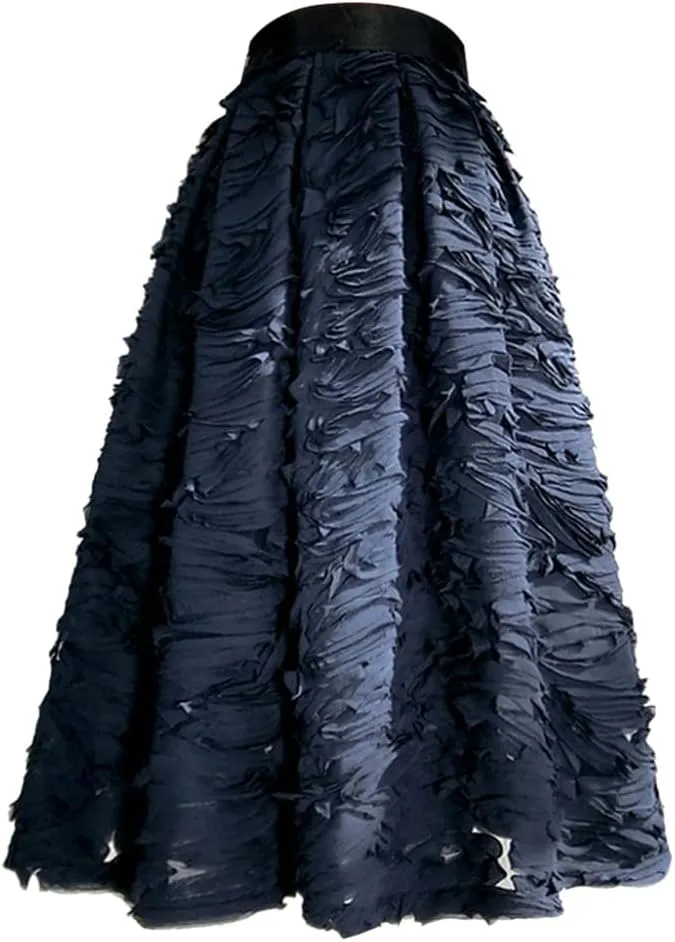 Spring Simple 3D Reddish Purple Color Mesh Lace Embroidery High Waist Pleated Midi Skirt Birthday Party