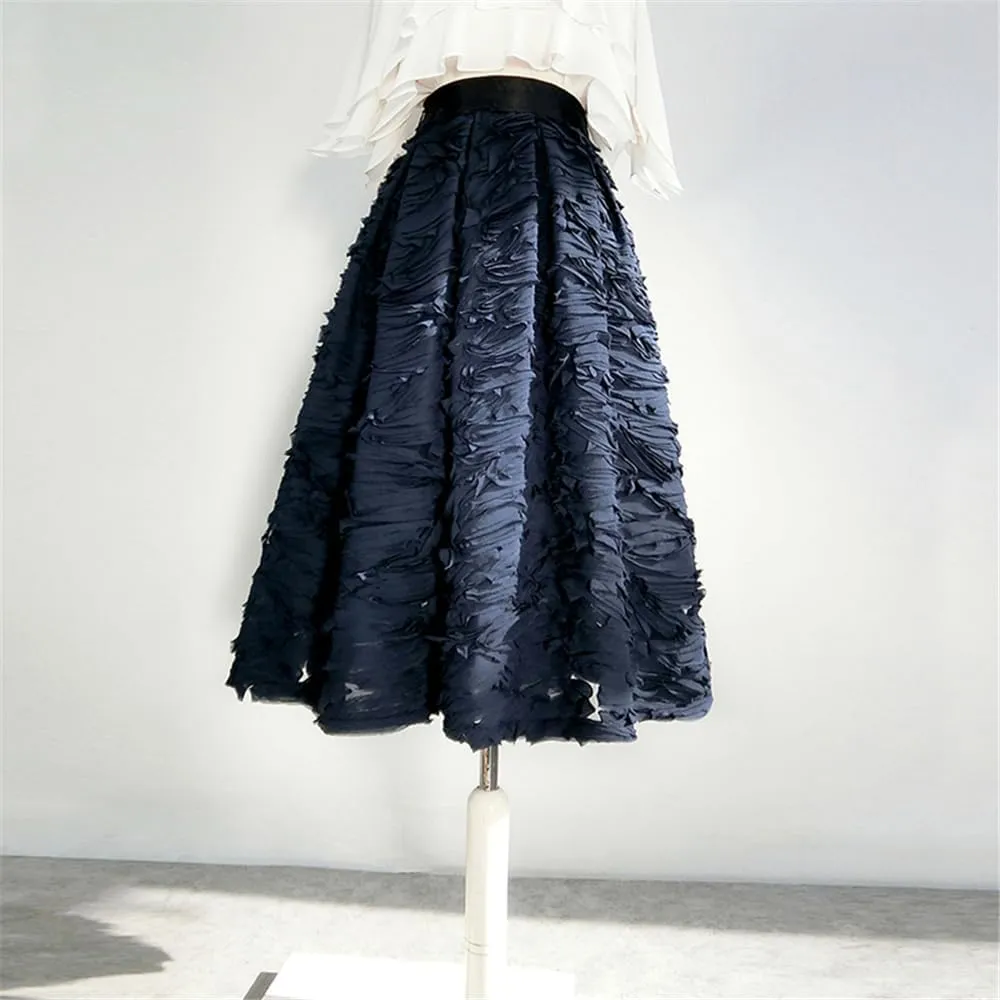 Spring Simple 3D Reddish Purple Color Mesh Lace Embroidery High Waist Pleated Midi Skirt Birthday Party