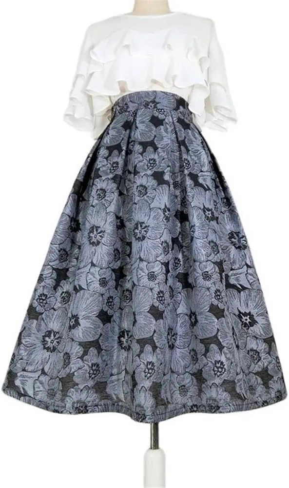 Spring Summer Women Vintage Black Gray Floral Embroidery High Waist Long Pleated Midi Skirt for Office