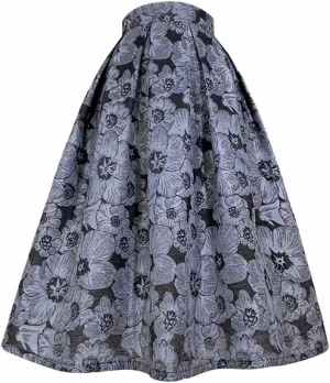 Spring Summer Women Vintage Black Gray Floral Embroidery High Waist Long Pleated Midi Skirt for Office