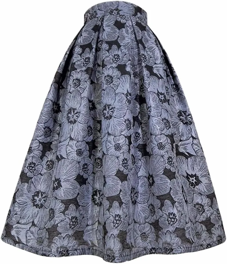 Spring Summer Women Vintage Black Gray Floral Embroidery High Waist Long Pleated Midi Skirt for Office