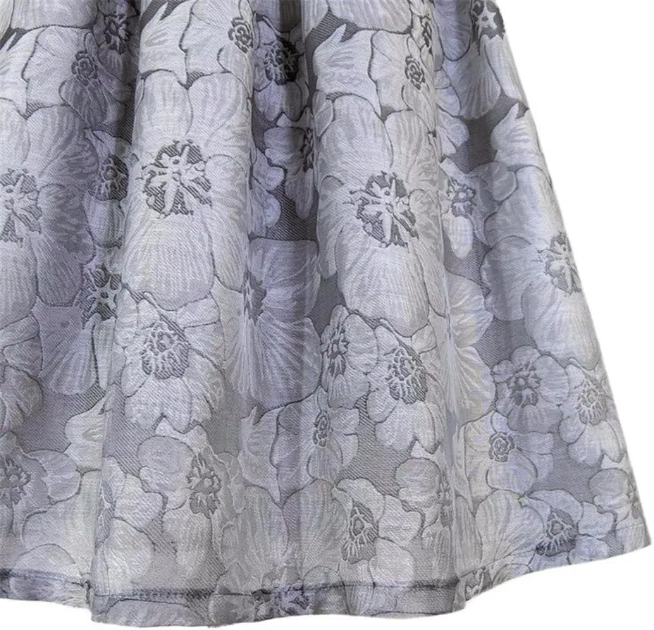 Spring Summer Women Vintage Black Gray Floral Embroidery High Waist Long Pleated Midi Skirt for Office