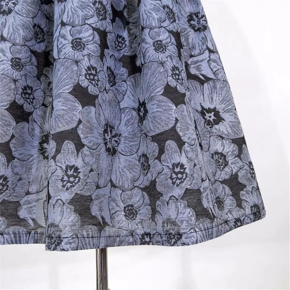 Spring Summer Women Vintage Black Gray Floral Embroidery High Waist Long Pleated Midi Skirt for Office