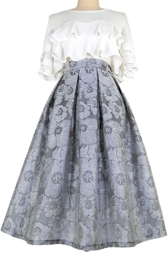 Spring Summer Women Vintage Black Gray Floral Embroidery High Waist Long Pleated Midi Skirt for Office