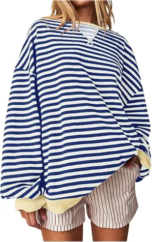 Striped Sweatshirt For Women 2024 Cute Fall Fashion Oversized Long Sleeve Crewneck Pullover Tops Teens y2k Outfits