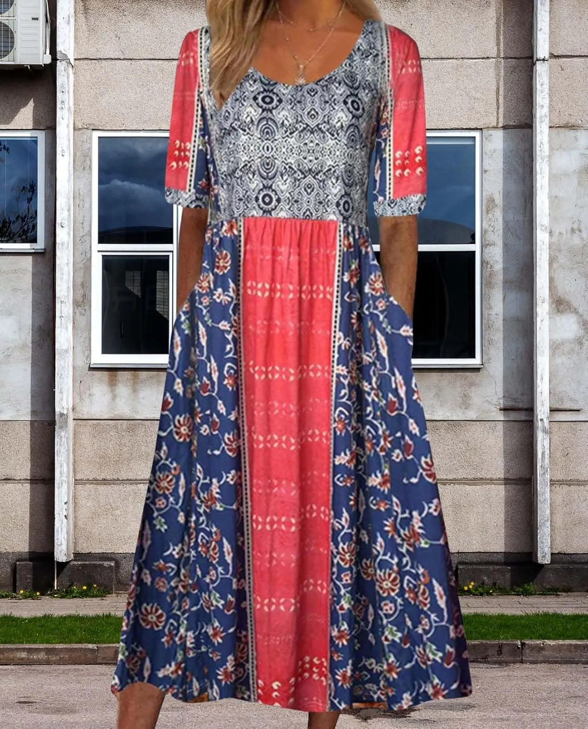 Summer Boho Floral Print Midi Dresses for Women Cotton Blend High Waist Casual Short Sleeve Loose Flowy Dresses with Pockets