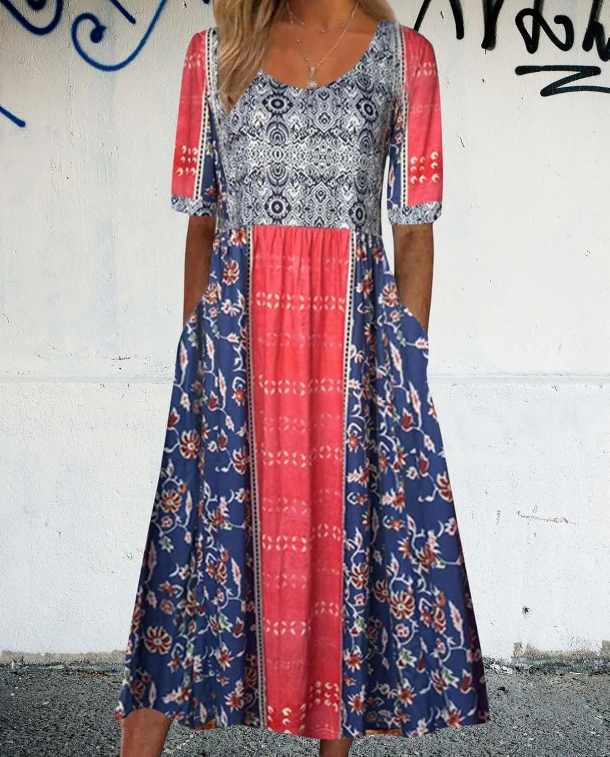 Summer Boho Floral Print Midi Dresses for Women Cotton Blend High Waist Casual Short Sleeve Loose Flowy Dresses with Pockets