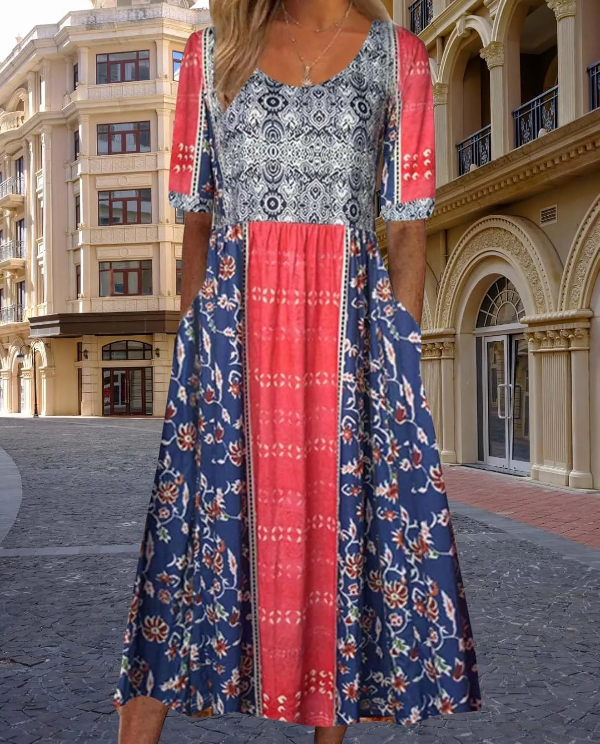 Summer Boho Floral Print Midi Dresses for Women Cotton Blend High Waist Casual Short Sleeve Loose Flowy Dresses with Pockets