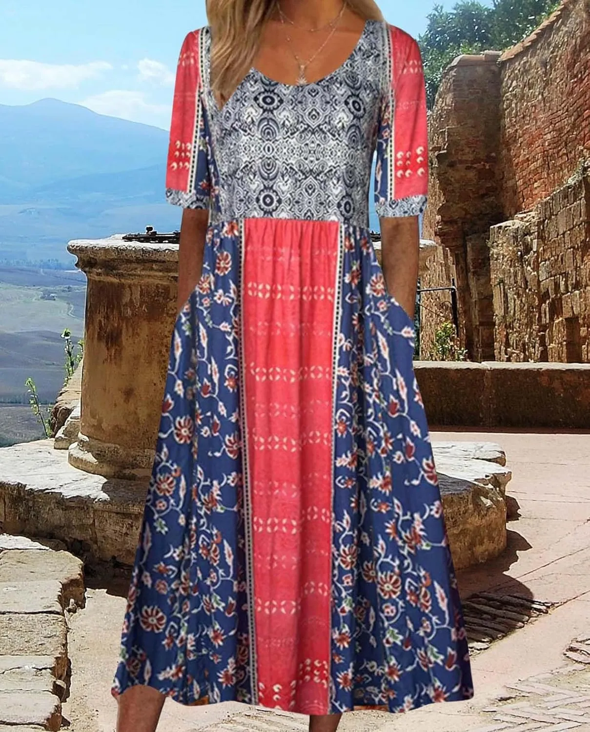 Summer Boho Floral Print Midi Dresses for Women Cotton Blend High Waist Casual Short Sleeve Loose Flowy Dresses with Pockets