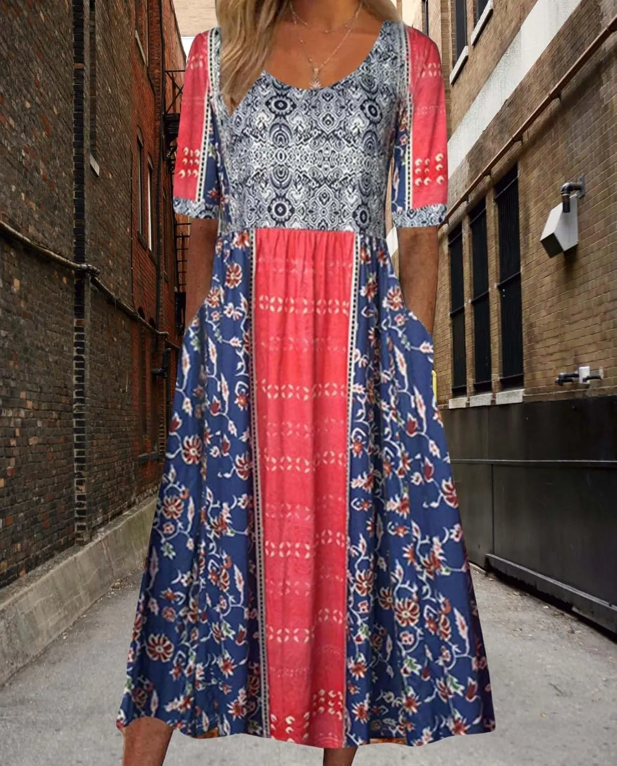 Summer Boho Floral Print Midi Dresses for Women Cotton Blend High Waist Casual Short Sleeve Loose Flowy Dresses with Pockets