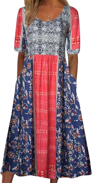 Summer Boho Floral Print Midi Dresses for Women Cotton Blend High Waist Casual Short Sleeve Loose Flowy Dresses with Pockets