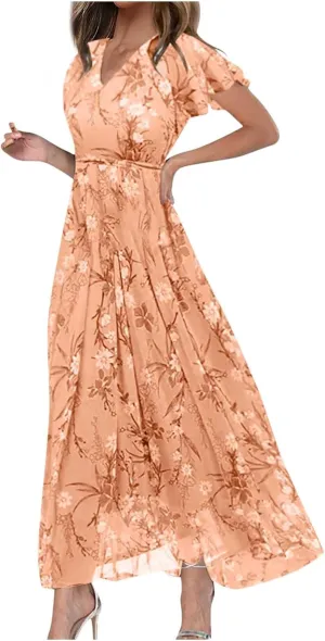 Summer Dresses for Women 2025 Casual V Neck Short Sleeve Boho Beach Maxi Dress Fashion Elegant Wrap Floral Long Dress