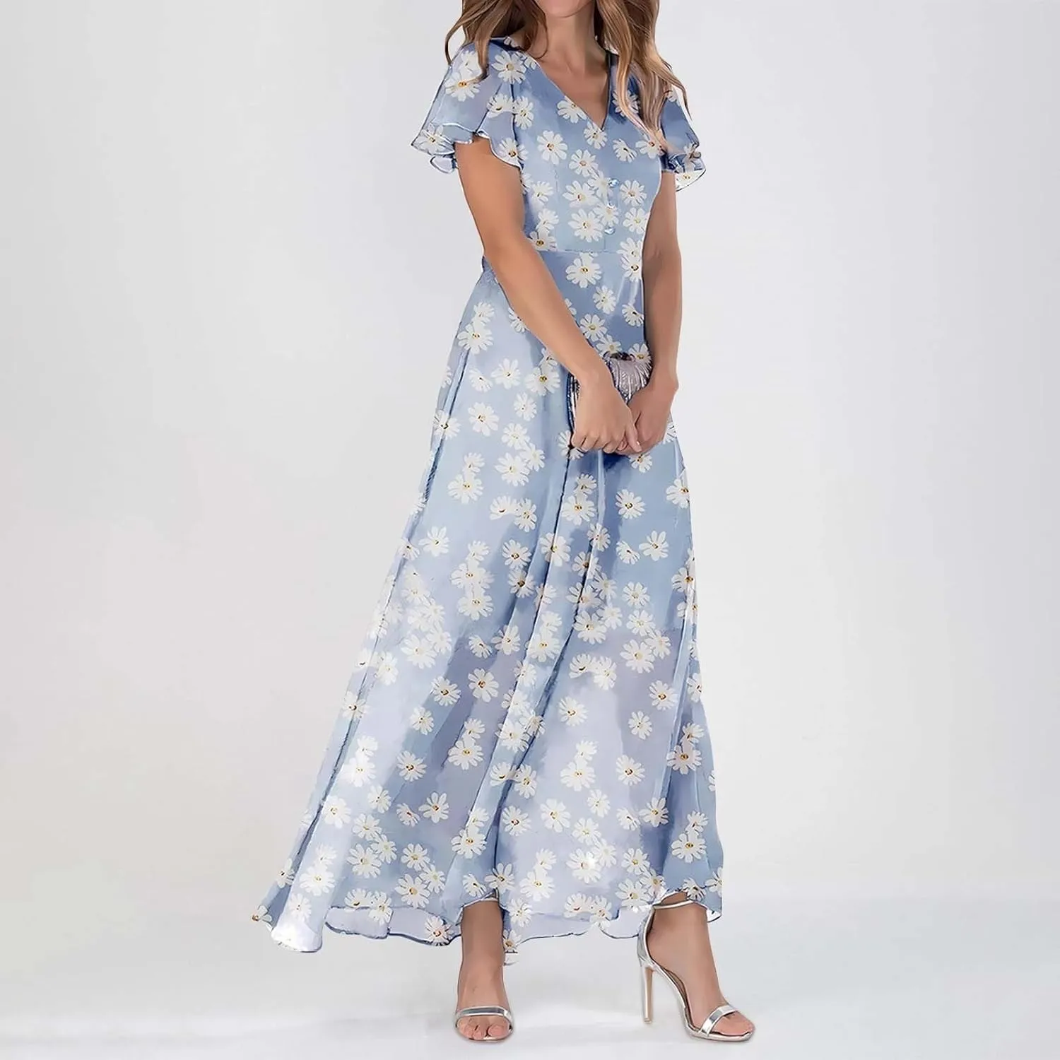Summer Dresses for Women 2025 Casual V Neck Short Sleeve Boho Beach Maxi Dress Fashion Elegant Wrap Floral Long Dress