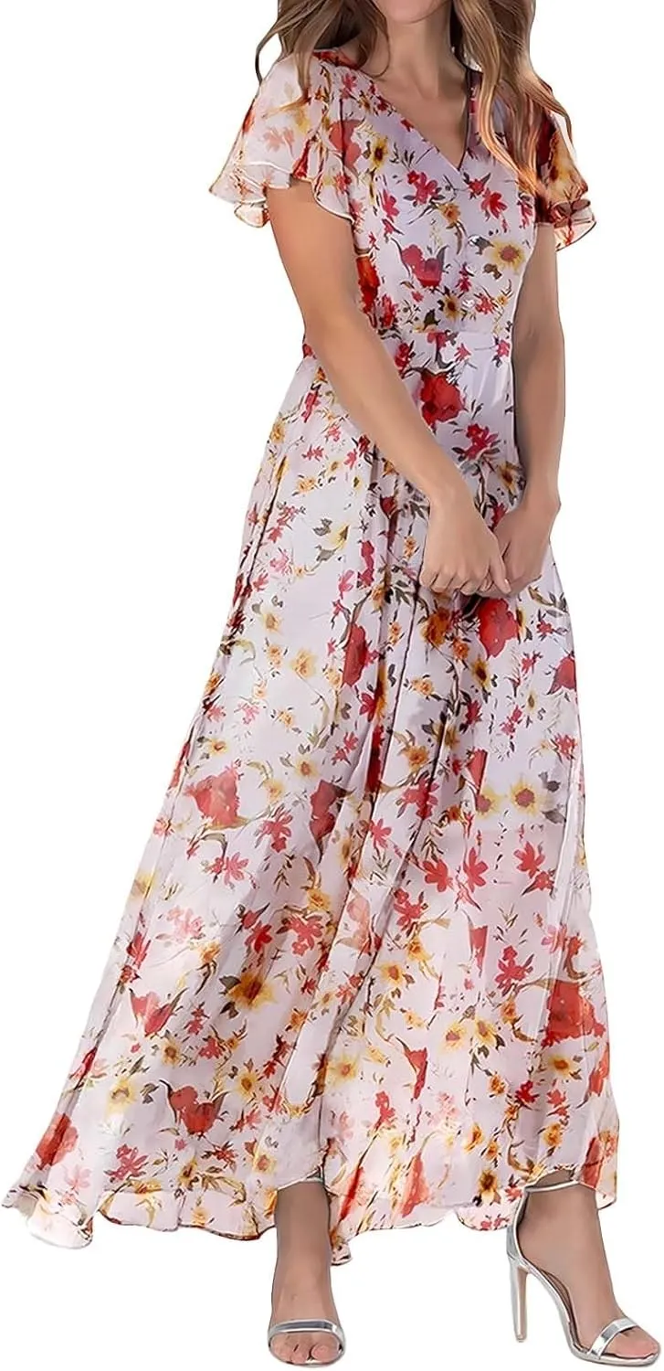 Summer Dresses for Women 2025 Casual V Neck Short Sleeve Boho Beach Maxi Dress Fashion Elegant Wrap Floral Long Dress