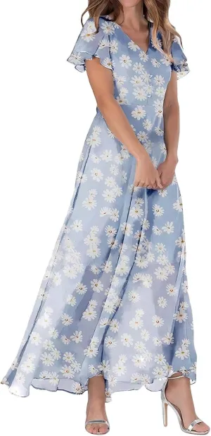 Summer Dresses for Women 2025 Casual V Neck Short Sleeve Boho Beach Maxi Dress Fashion Elegant Wrap Floral Long Dress