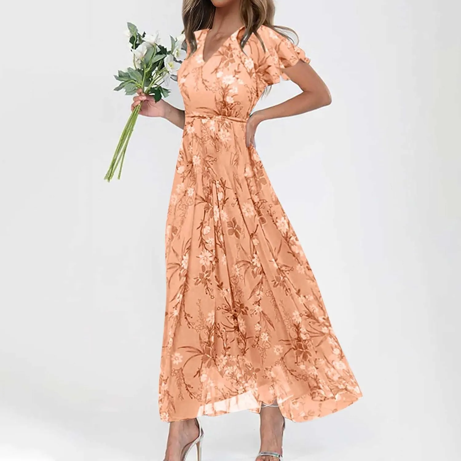 Summer Dresses for Women 2025 Casual V Neck Short Sleeve Boho Beach Maxi Dress Fashion Elegant Wrap Floral Long Dress