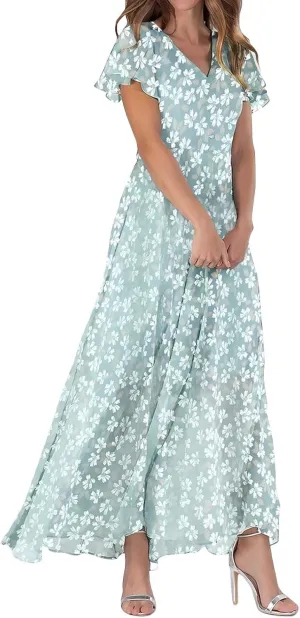 Summer Dresses for Women 2025 Casual V Neck Short Sleeve Boho Beach Maxi Dress Fashion Elegant Wrap Floral Long Dress