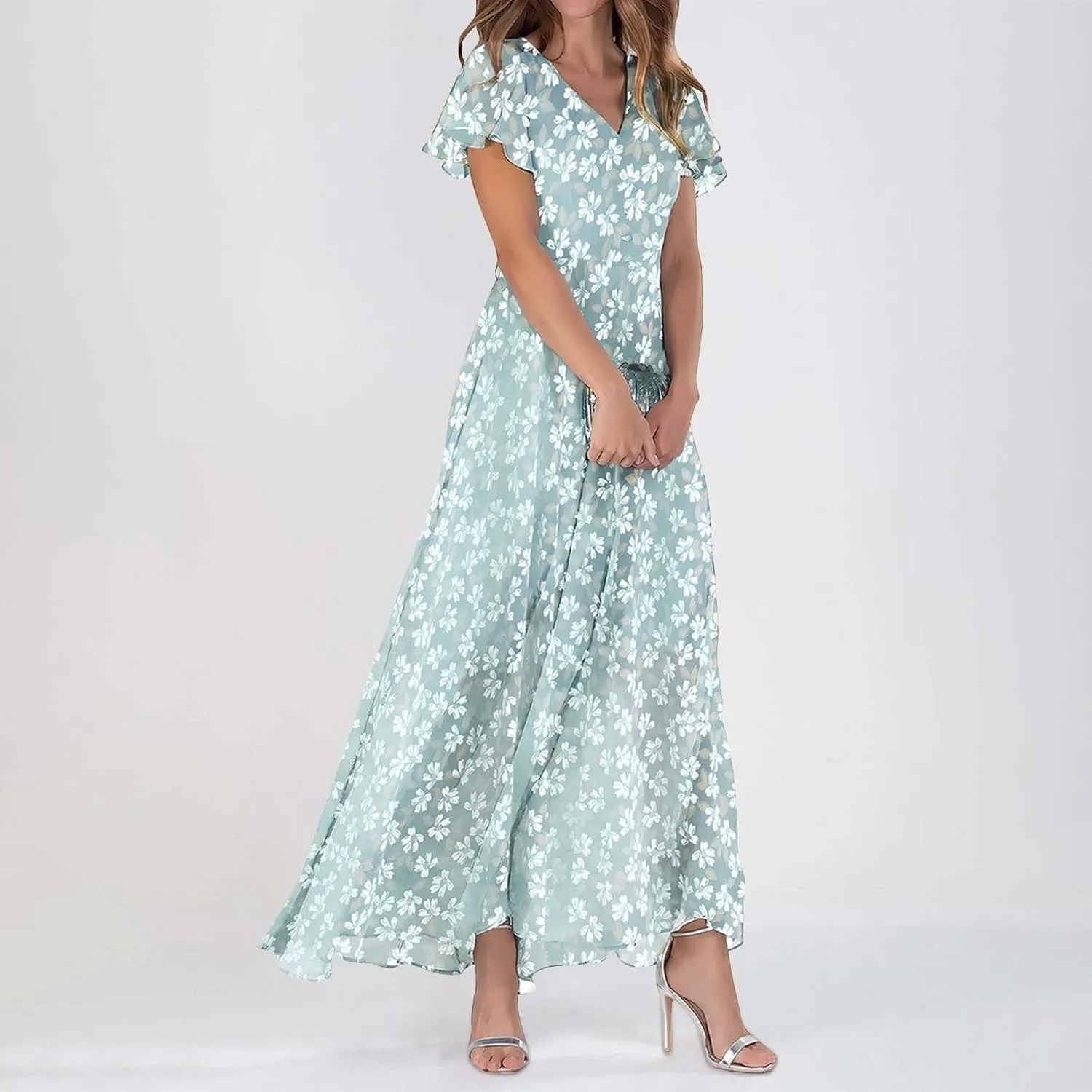 Summer Dresses for Women 2025 Casual V Neck Short Sleeve Boho Beach Maxi Dress Fashion Elegant Wrap Floral Long Dress