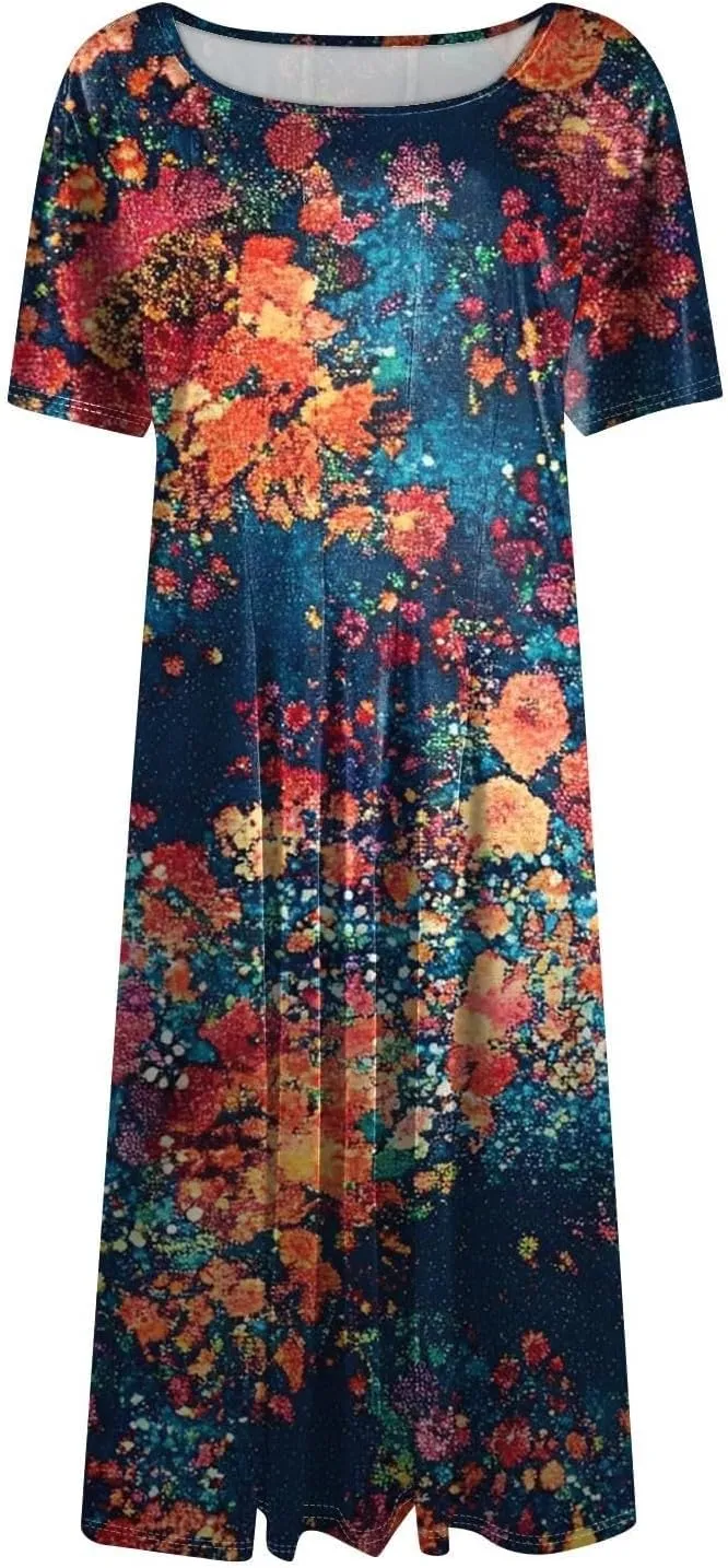 Summer Dresses for Women 2025 Elegant Pleated A Line Short Sleeve Midi Dress Boho Floral Beach Dresses Hawaiian Dress