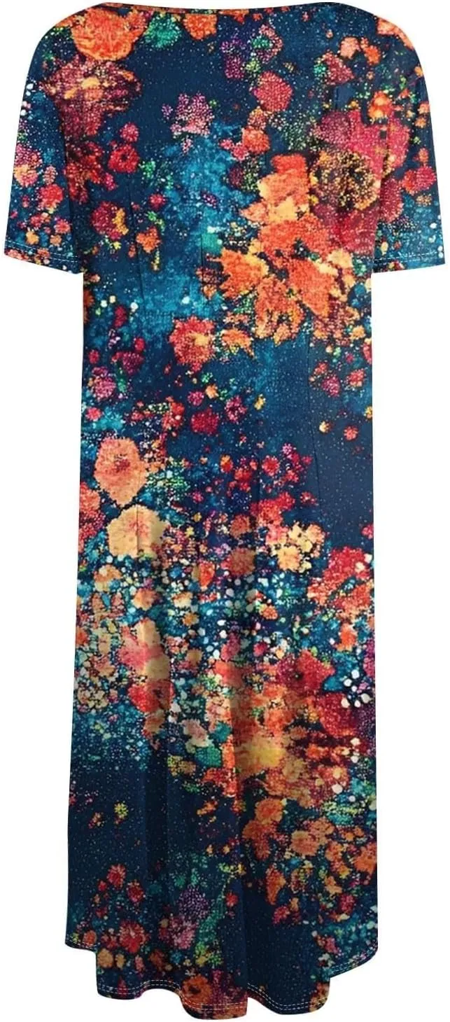 Summer Dresses for Women 2025 Elegant Pleated A Line Short Sleeve Midi Dress Boho Floral Beach Dresses Hawaiian Dress