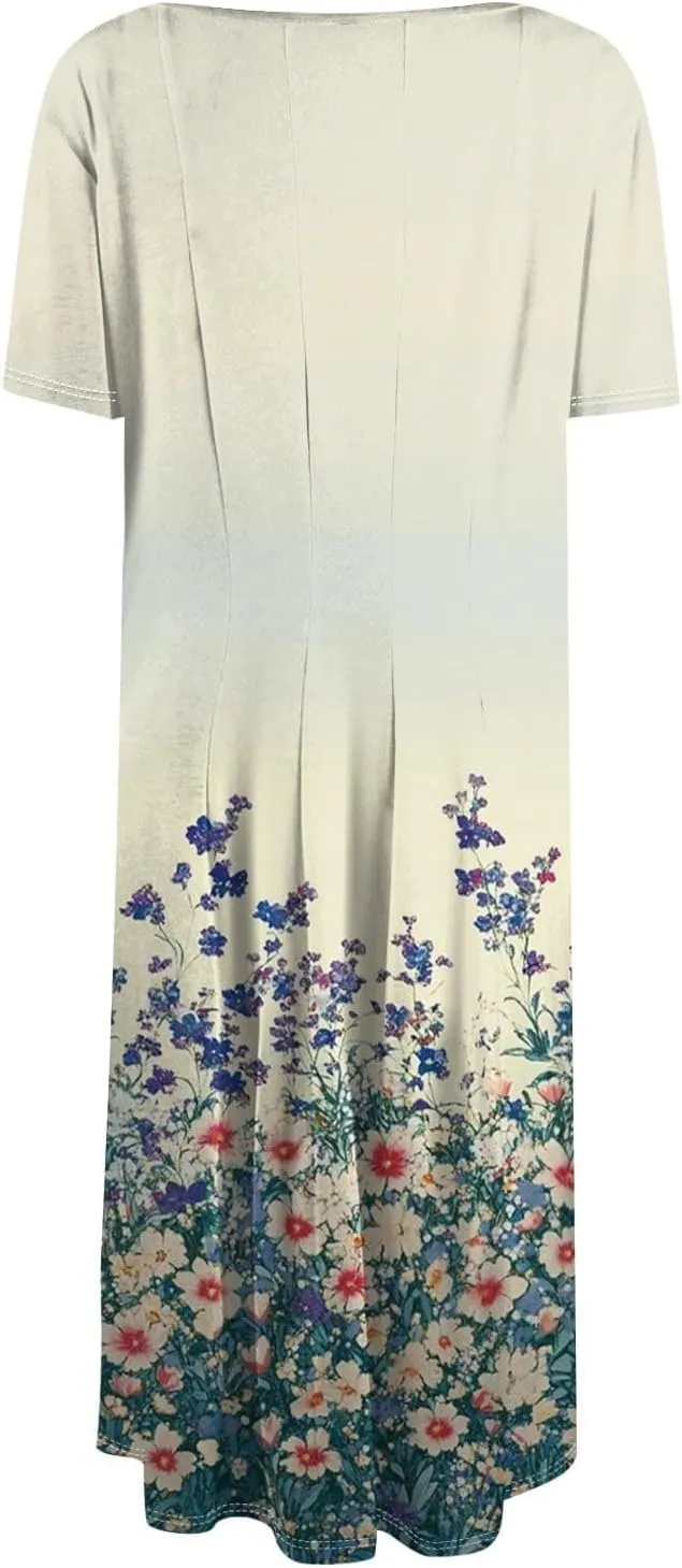Summer Dresses for Women 2025 Elegant Pleated A Line Short Sleeve Midi Dress Boho Floral Beach Dresses Hawaiian Dress