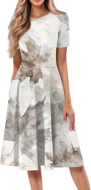 Summer Dresses for Women 2025 Elegant Pleated A Line Short Sleeve Midi Dress Boho Floral Beach Dresses Hawaiian Dress