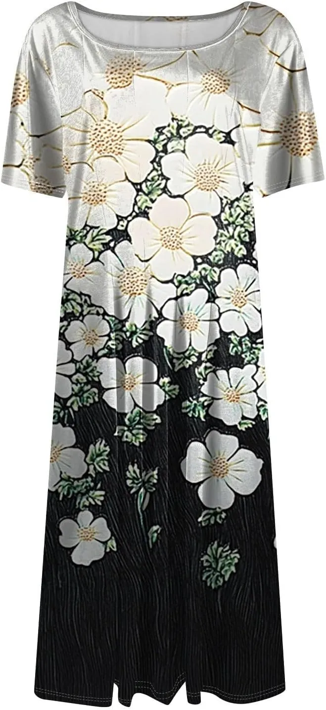 Summer Dresses for Women 2025 Elegant Pleated A Line Short Sleeve Midi Dress Boho Floral Beach Dresses Hawaiian Dress