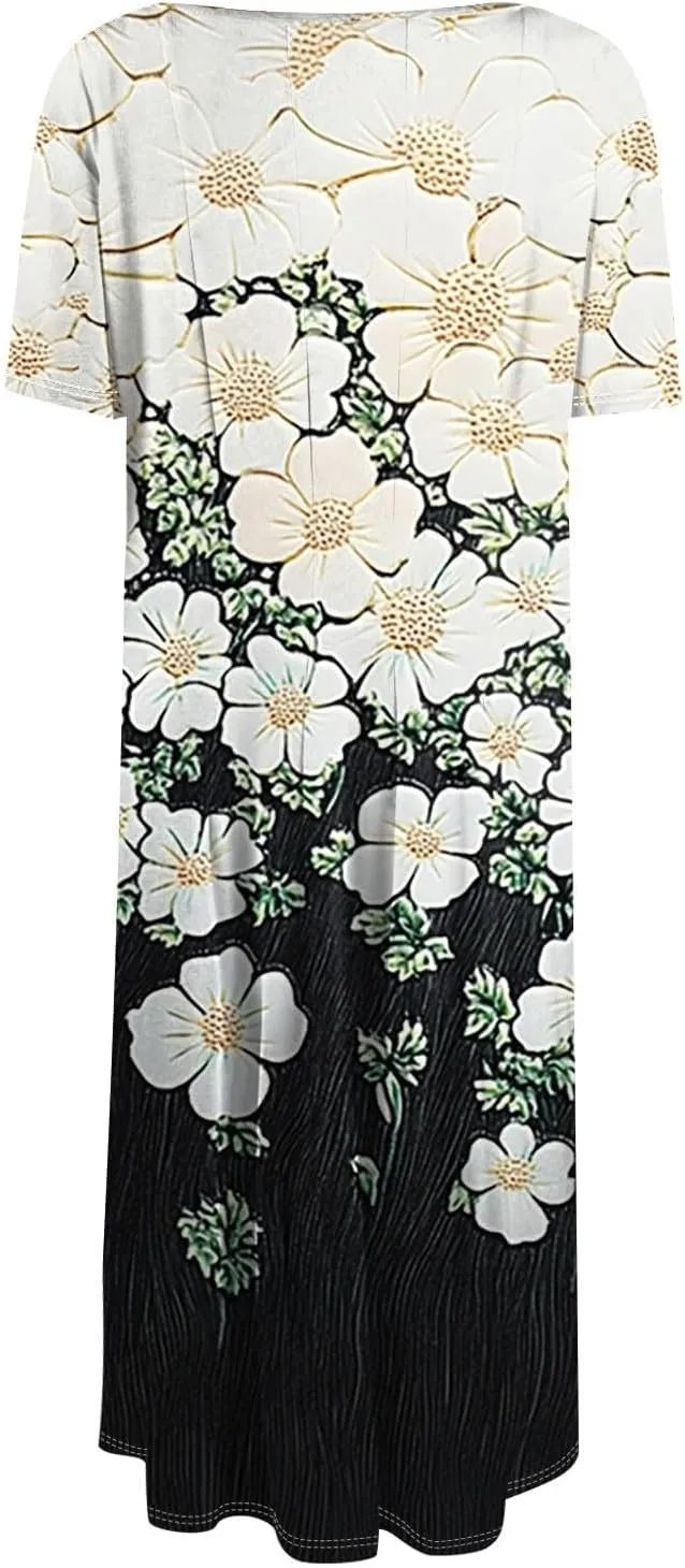 Summer Dresses for Women 2025 Elegant Pleated A Line Short Sleeve Midi Dress Boho Floral Beach Dresses Hawaiian Dress