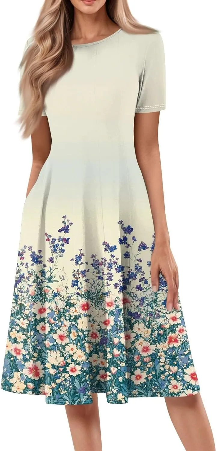 Summer Dresses for Women 2025 Elegant Pleated A Line Short Sleeve Midi Dress Boho Floral Beach Dresses Hawaiian Dress