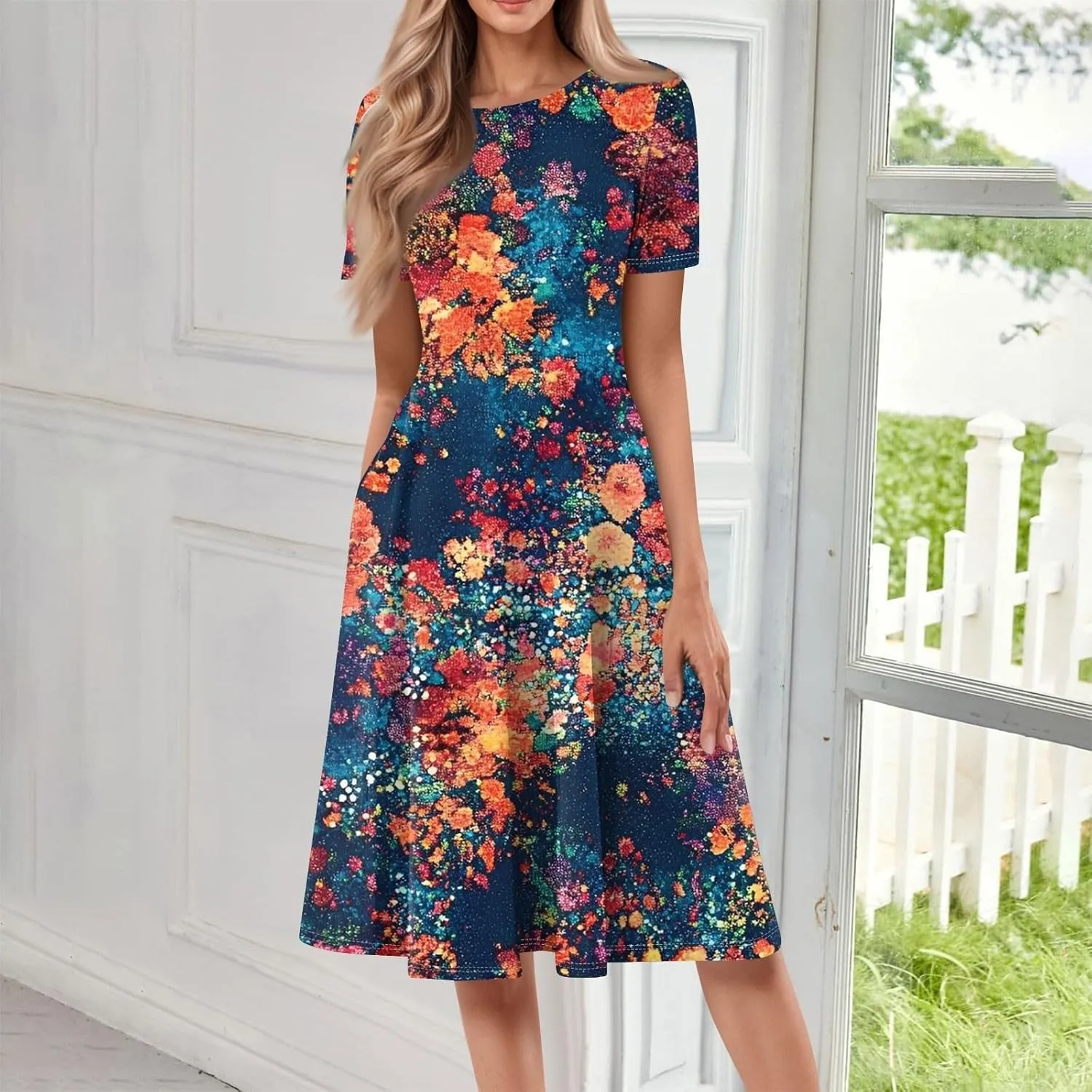 Summer Dresses for Women 2025 Elegant Pleated A Line Short Sleeve Midi Dress Boho Floral Beach Dresses Hawaiian Dress