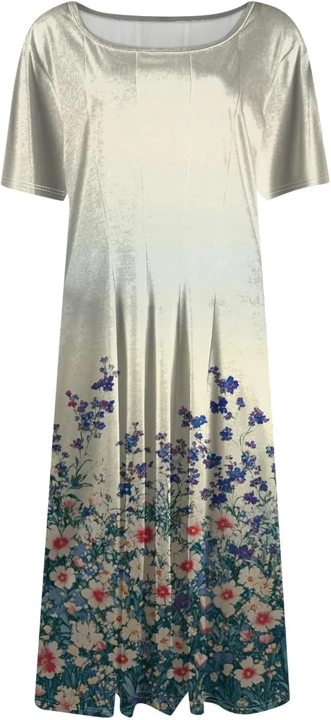 Summer Dresses for Women 2025 Elegant Pleated A Line Short Sleeve Midi Dress Boho Floral Beach Dresses Hawaiian Dress