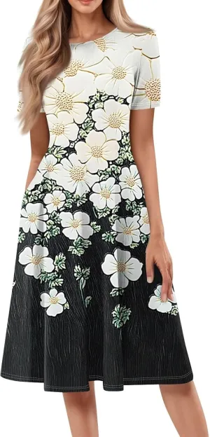 Summer Dresses for Women 2025 Elegant Pleated A Line Short Sleeve Midi Dress Boho Floral Beach Dresses Hawaiian Dress