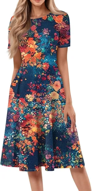 Summer Dresses for Women 2025 Elegant Pleated A Line Short Sleeve Midi Dress Boho Floral Beach Dresses Hawaiian Dress