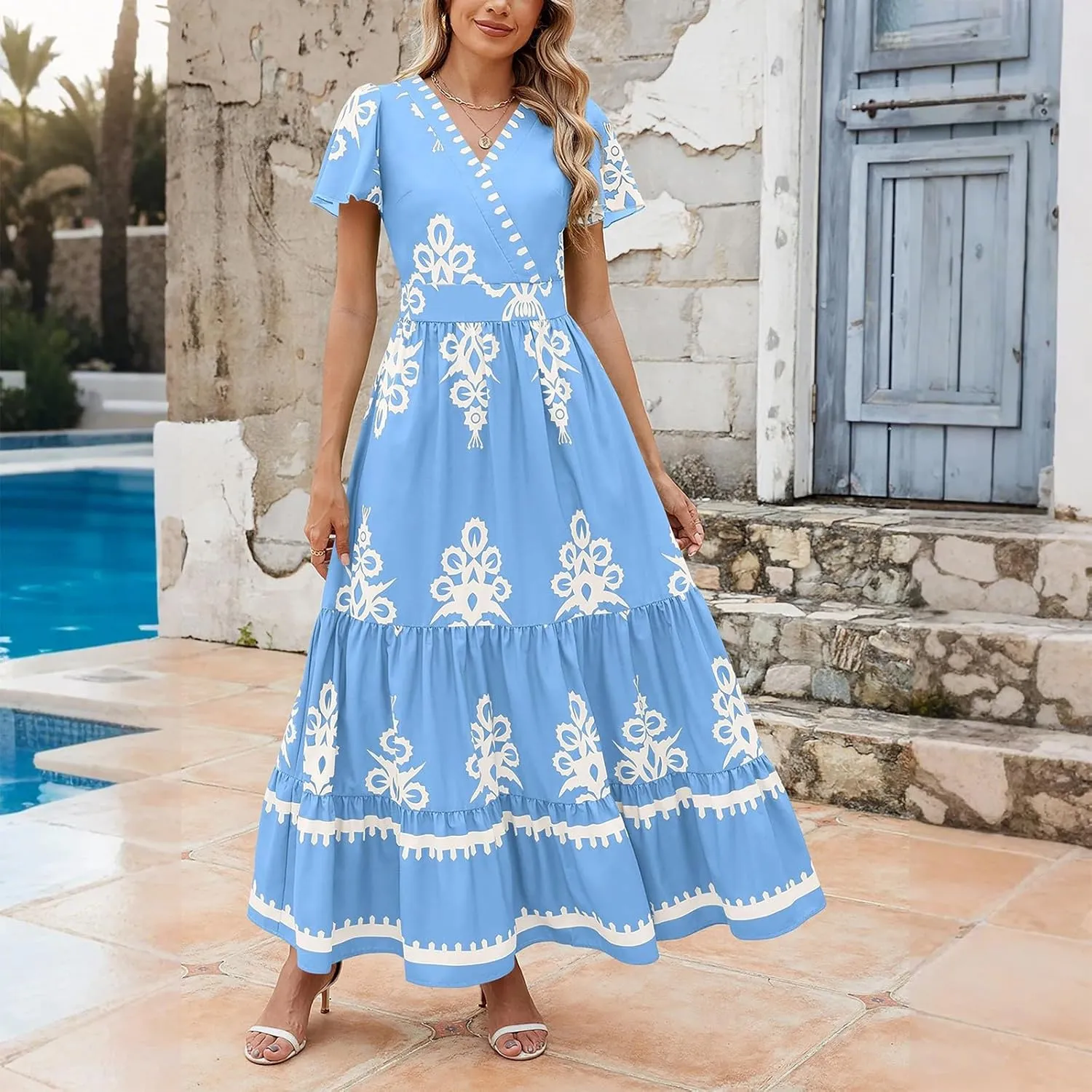 Summer Dresses for Women V Neck Short Sleeve Wrap Midi Dress Empire Waist A Line Ruffle Tiered Maxi Dress with Pockets