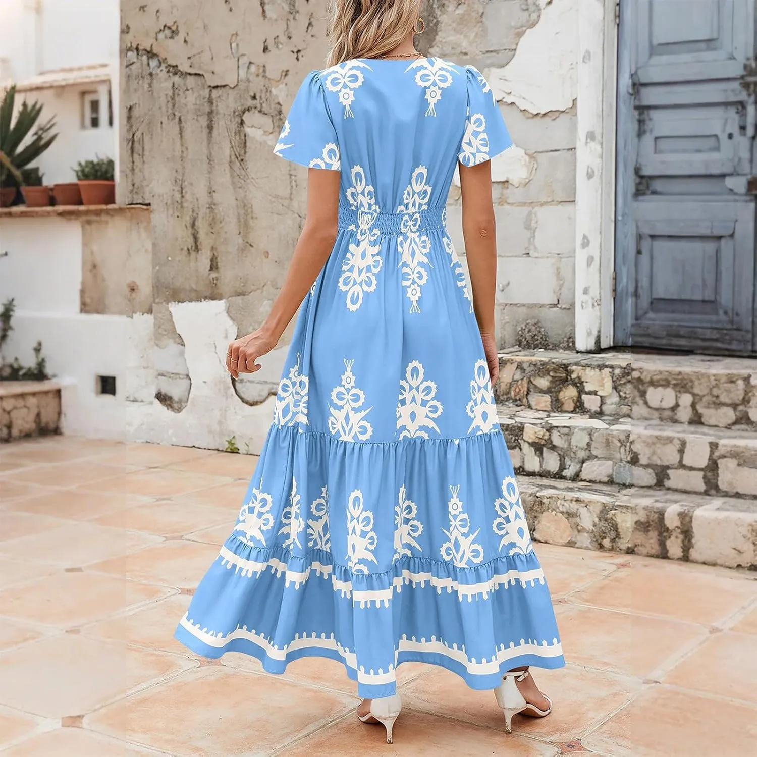 Summer Dresses for Women V Neck Short Sleeve Wrap Midi Dress Empire Waist A Line Ruffle Tiered Maxi Dress with Pockets