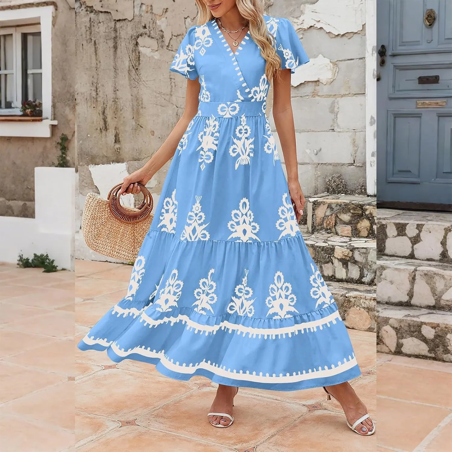 Summer Dresses for Women V Neck Short Sleeve Wrap Midi Dress Empire Waist A Line Ruffle Tiered Maxi Dress with Pockets