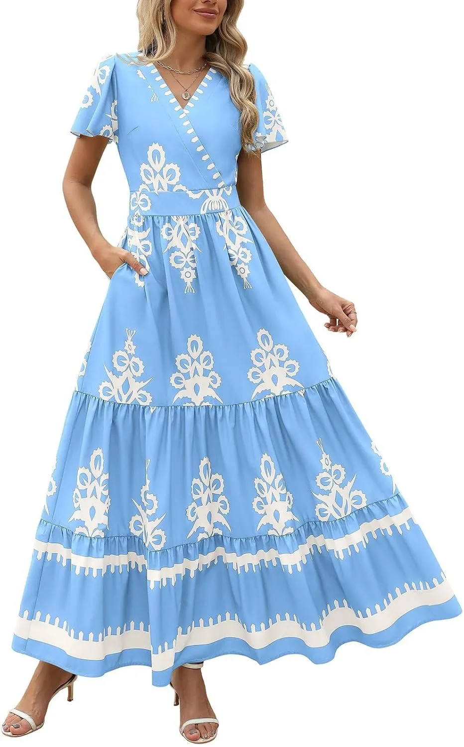 Summer Dresses for Women V Neck Short Sleeve Wrap Midi Dress Empire Waist A Line Ruffle Tiered Maxi Dress with Pockets